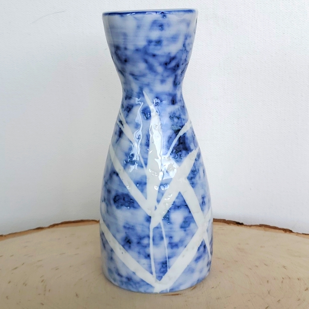 Vintage Japanese Blue and White with Bamboo Design Sake Decanter Petite Bud Vase